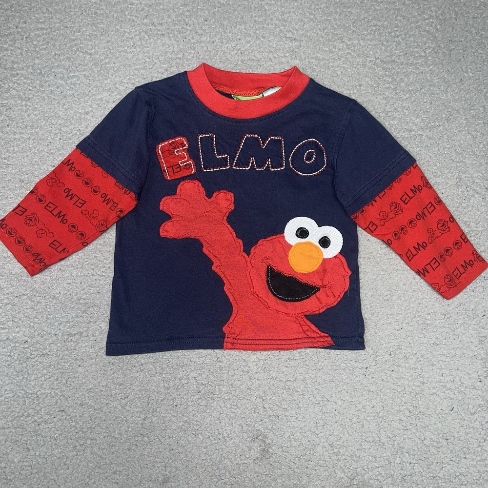 VTG Sesame Street ELMO T Shirt Youth 2T Blue Embroider Double Layered Sleeve Tee